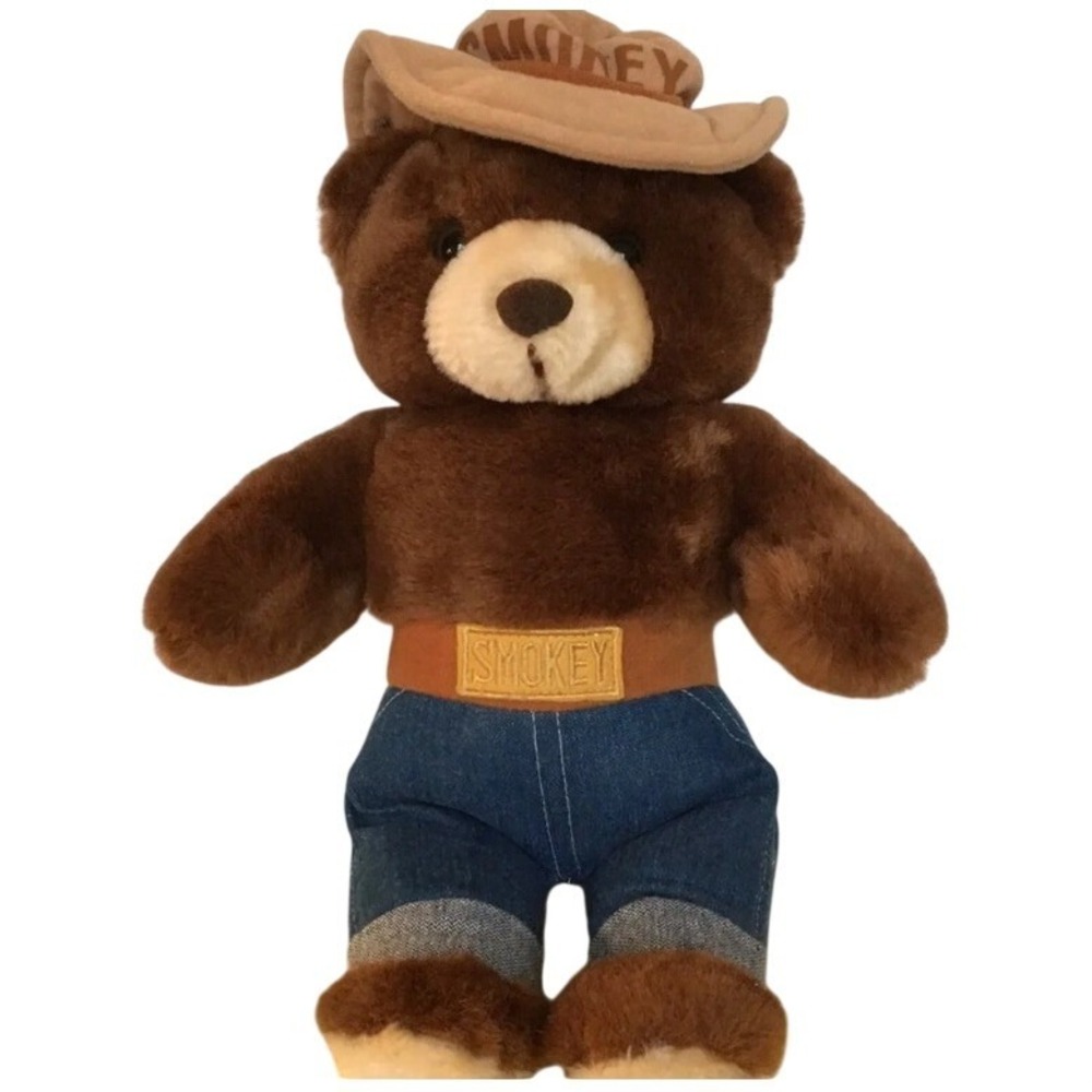Vtg 1985‎ Smokey Bear Plush Stuffed Animal Toy 11in Brown Ranger Hat Denim Jeans